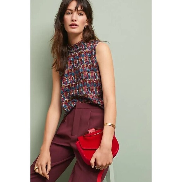 ANTHROPOLOGIE Akemi + Kin Pink Blue Yellow Textured Petra Mock Neck Top Small - Picture 1 of 8